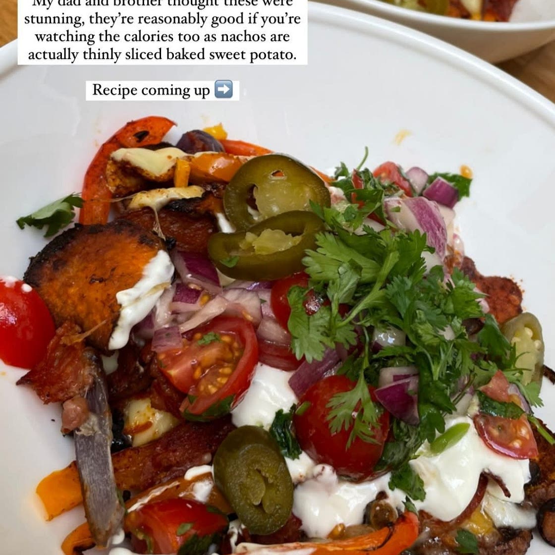 Loaded chorizo and black bean sweet potatoes nachos.