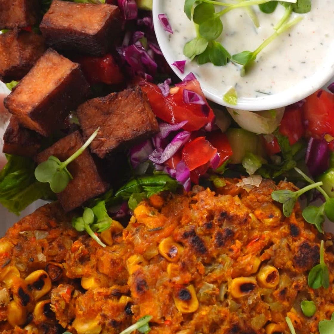 Pumpkin Fritters with Crispy Tofu