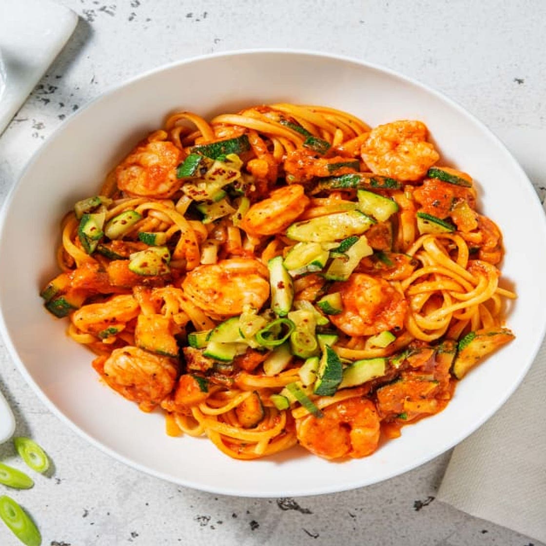 Prawn and Tomato Linguine with Charred Courgettes