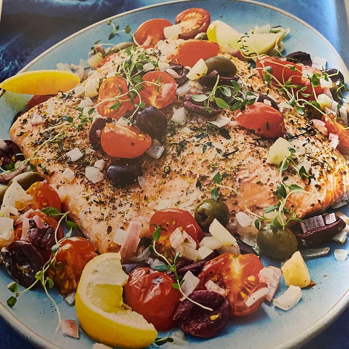 Foil Baked Salmon with cherry tomatoes & olives