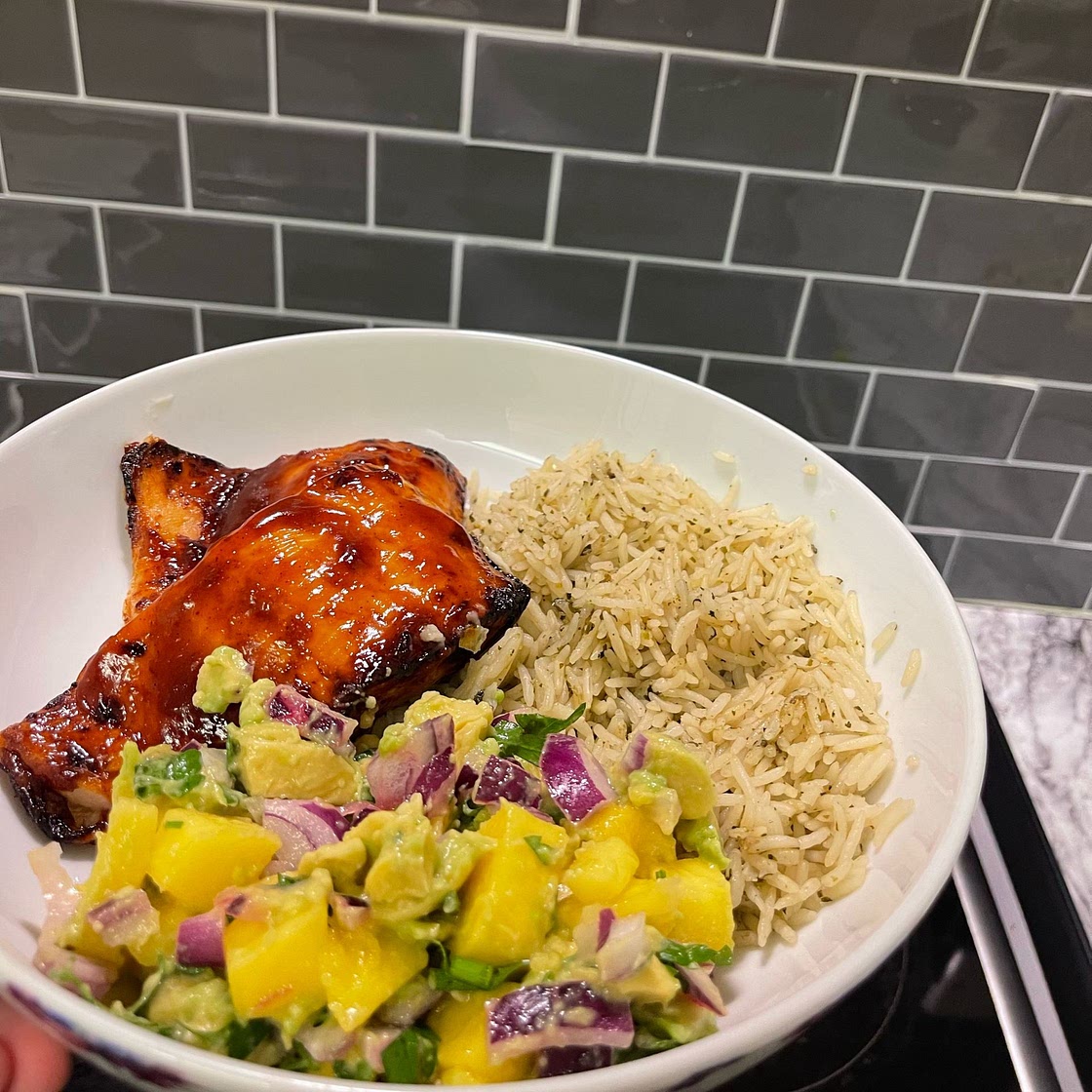 BBQ Salmon Bowls with Mango Avocado Salsa