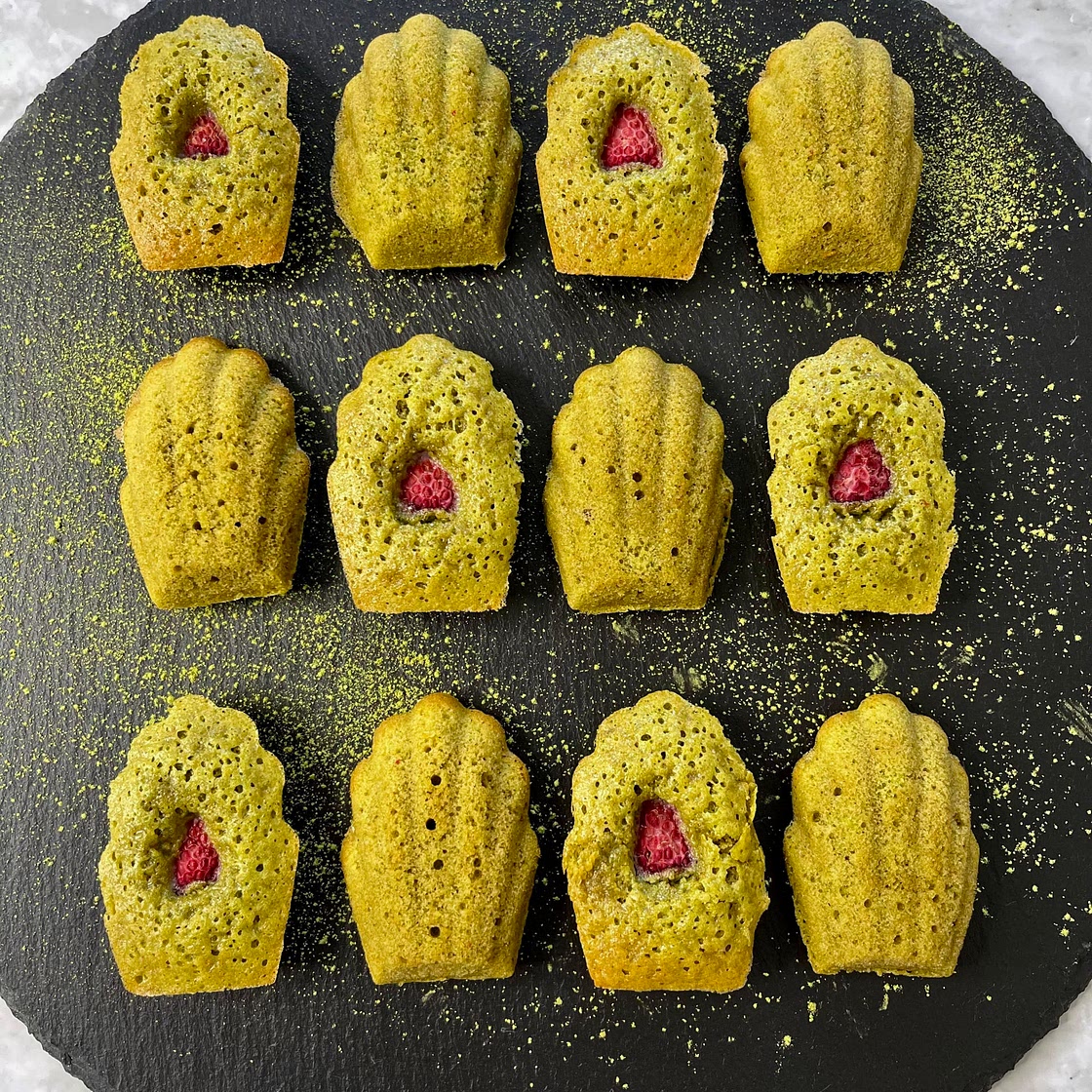 Matcha Madeleines with Raspberry and Pink Peppercorns