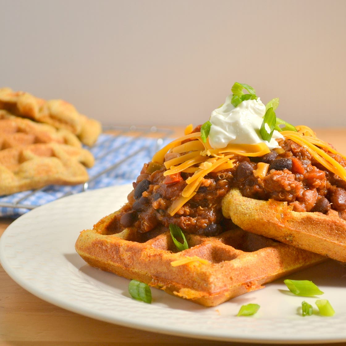 Whole Grain Savory Cheddar Cornmeal Waffles with Vegetarian Quinoa Chili