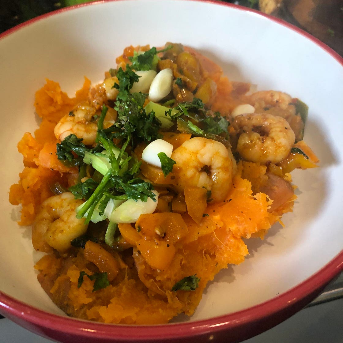 CAJUN-STYLE PRAWNS WITH LIME SWEET POTATO MASH