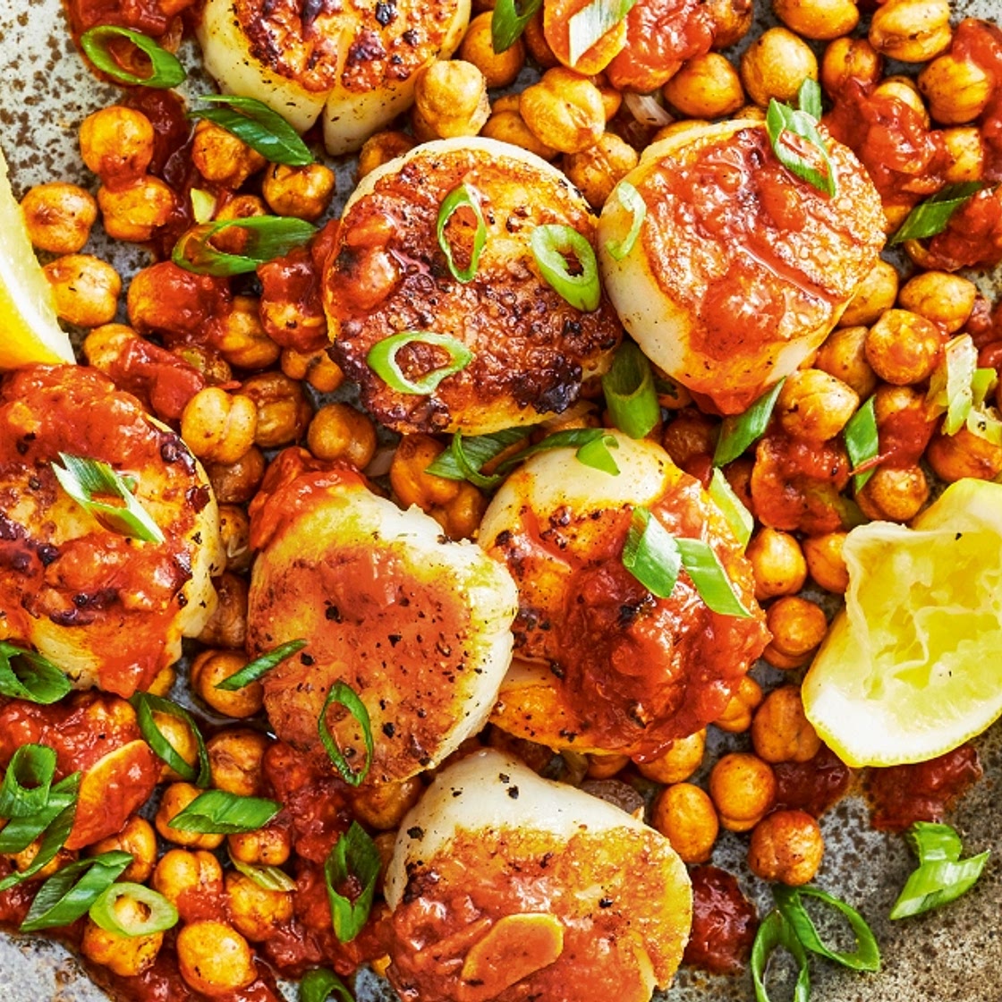 Crispy Chickpeas and Scallops with Garlic-Harissa Oil