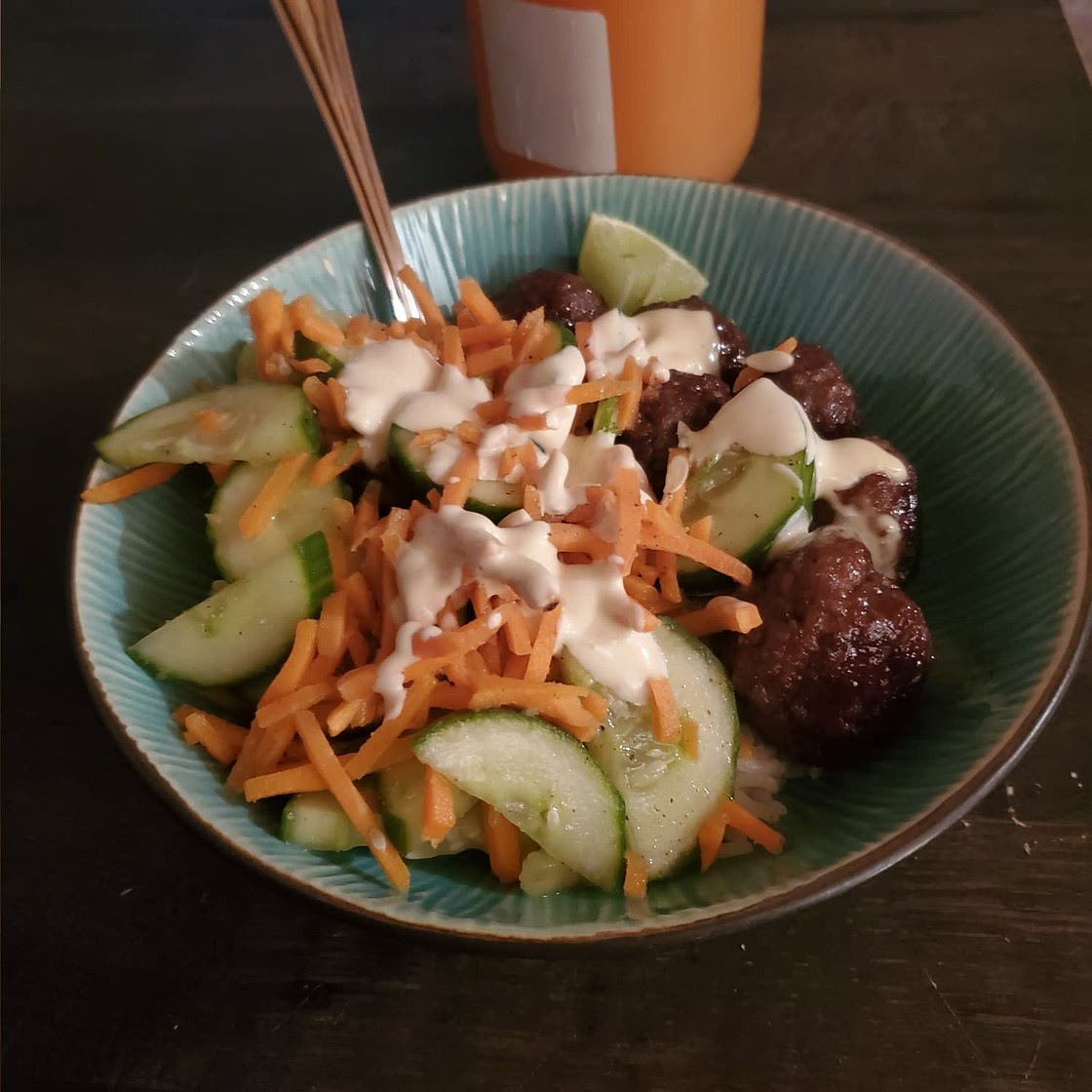 Banh Mi-Style Meatball Bowls with Pickled Veggie Salad, Sriracha Lime Mayo & Ginger Rice