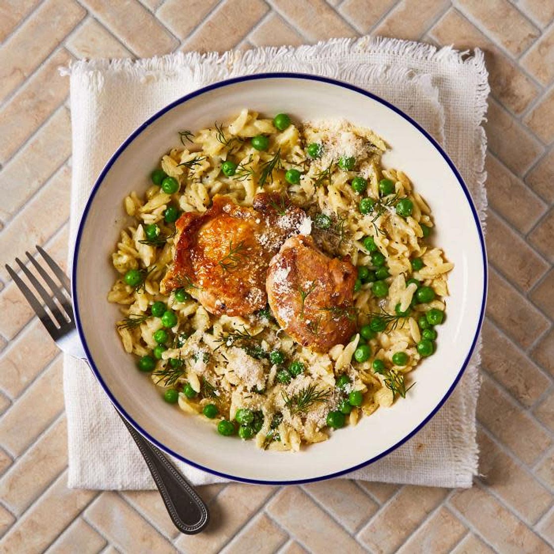 Creamy Baked Orzo & Peas With Crispy Chicken