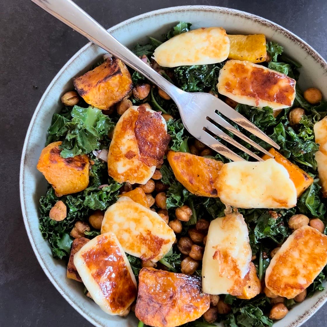 Hot Fall Salad w/ crispy chickpeas and bread cheese