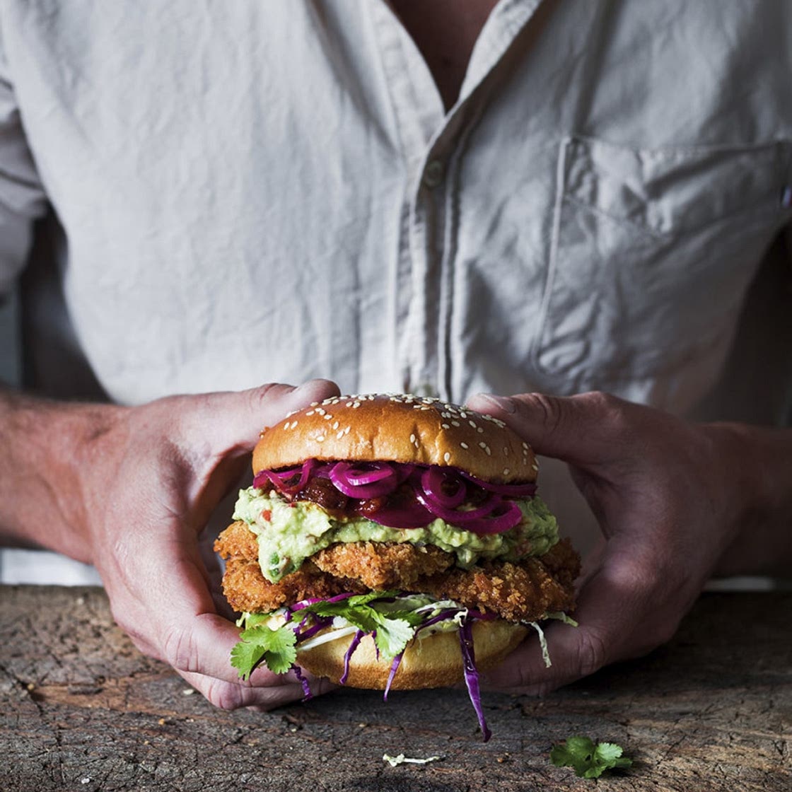 Crispy Pork Burgers with Guacamole and Pickled Red Onions