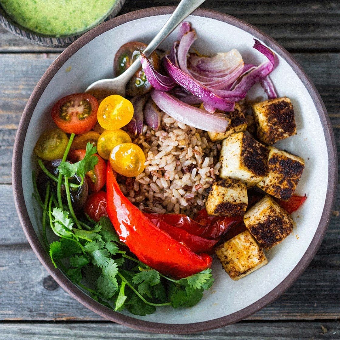 Tofu & Roasted Vegetable Grain Bowl with Pumpkin Seeds