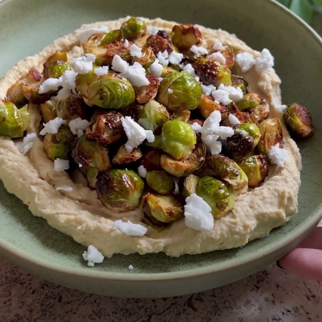 Brussel sprout with feta and hummus