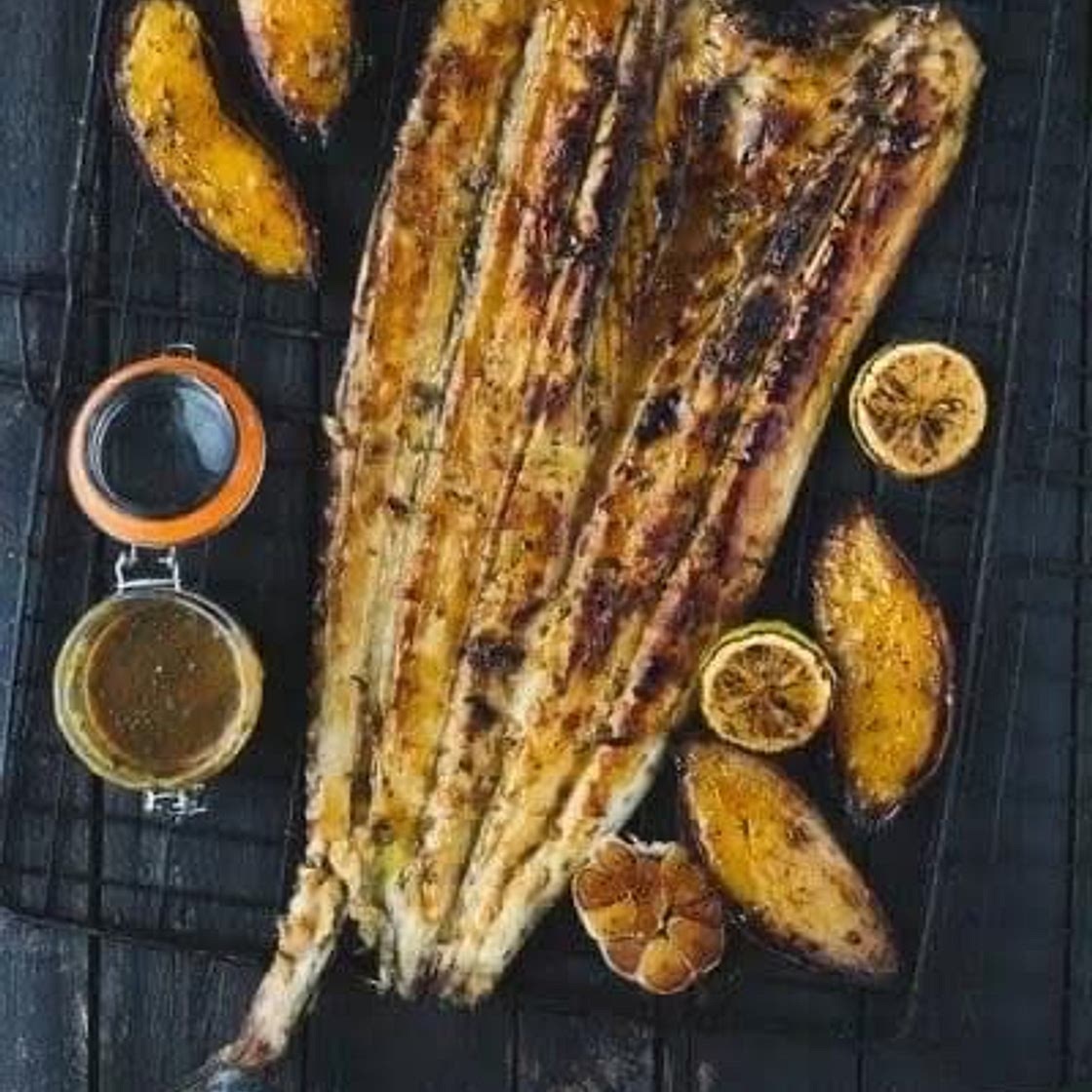 BRAAIED WHOLE SNOEK WITH APRICOT BASTING