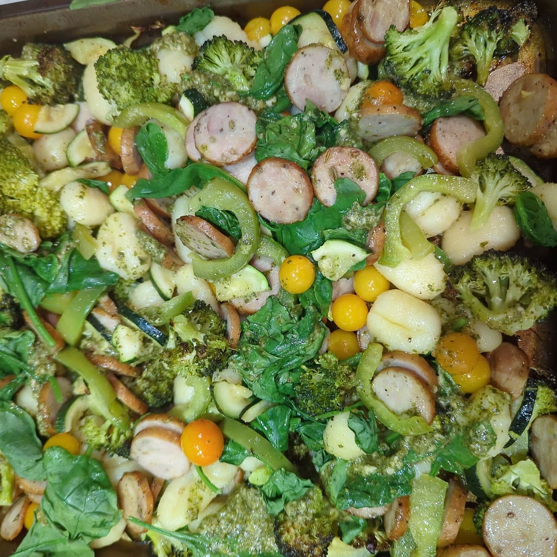 Sheet pan pesto gnocchi sausage & veggies