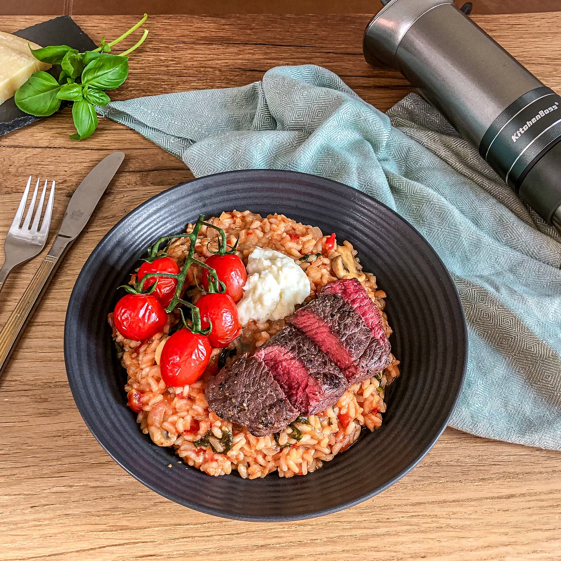 Tomato Risotto with Steak