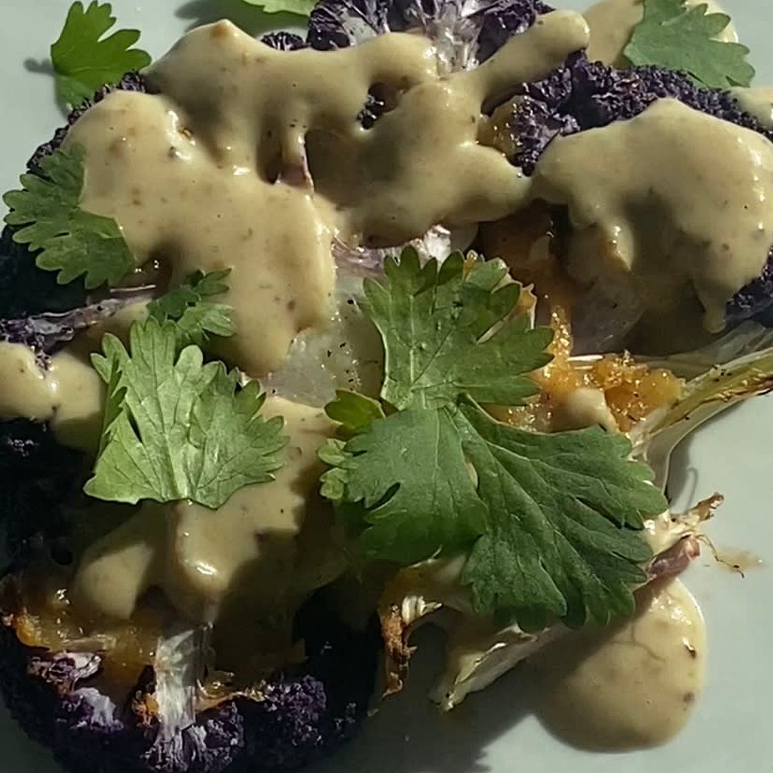 Roasted Garlic Cauliflower Steaks w/ Lemon Dijon Tahini
