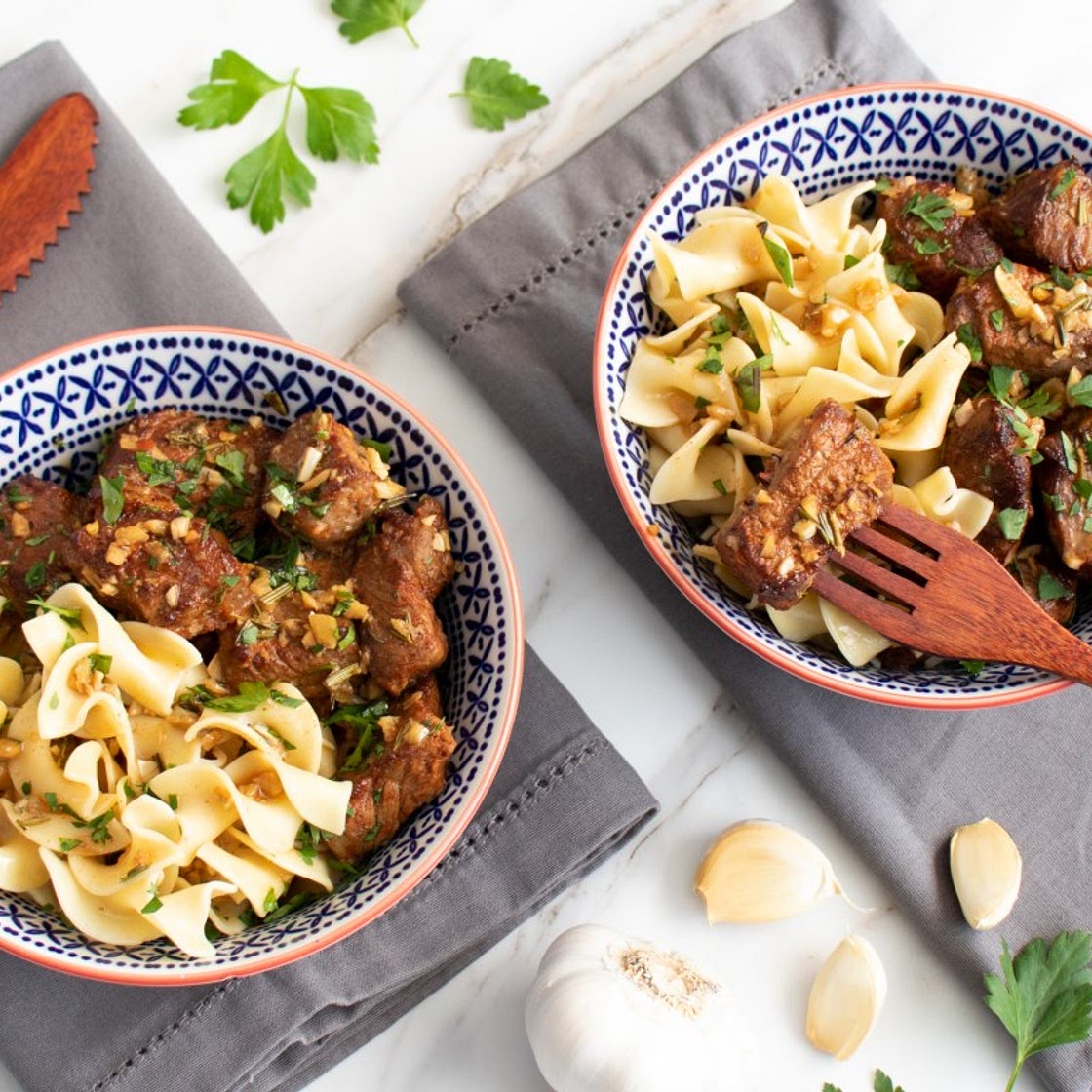 Garlic Steak Tips with Egg Noodles