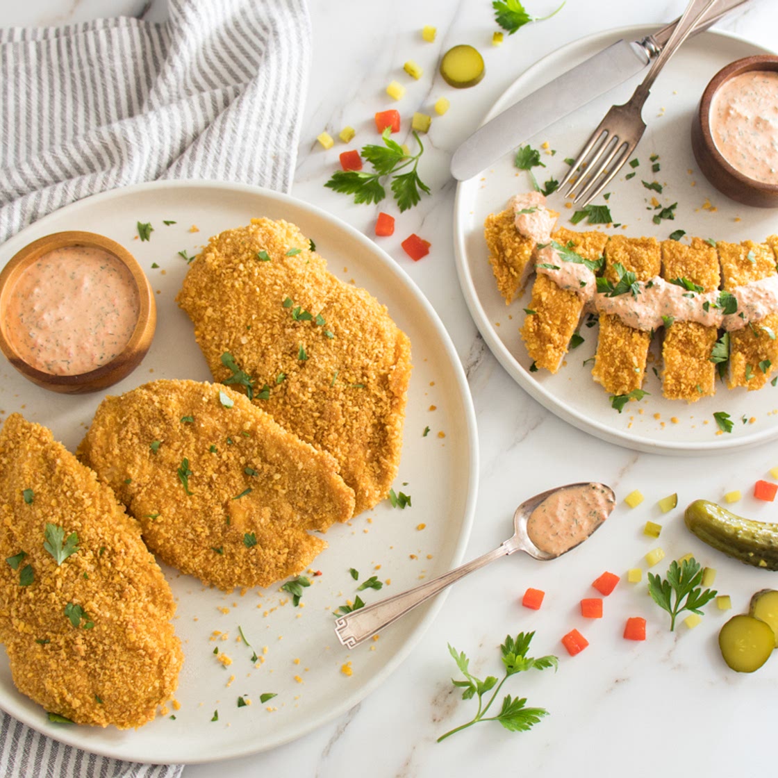 Cornflake Chicken Cutlets with Roasted Red Pepper Ranch