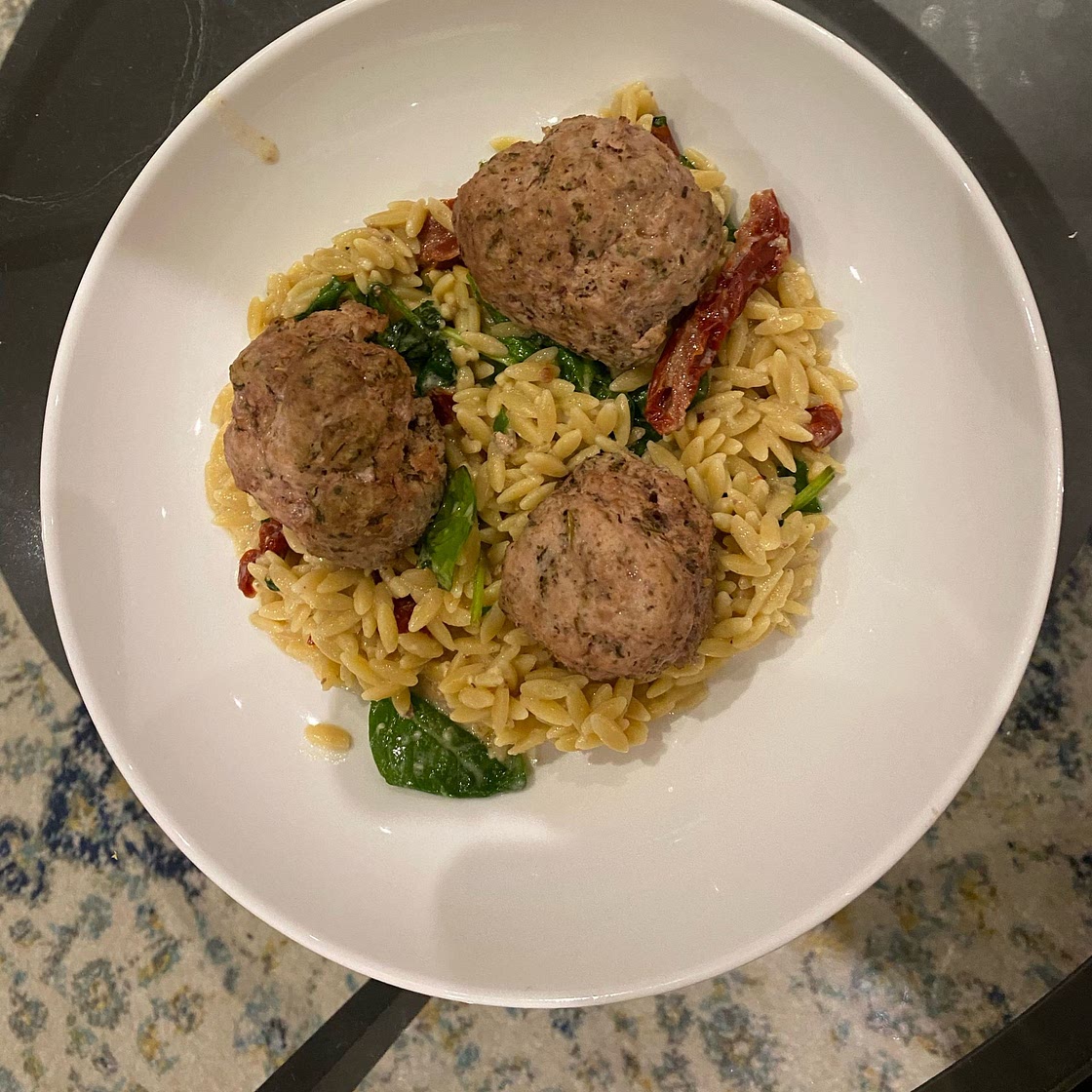 Crockpot Garlic Butter Chicken Meatballs with Creamy Orzo