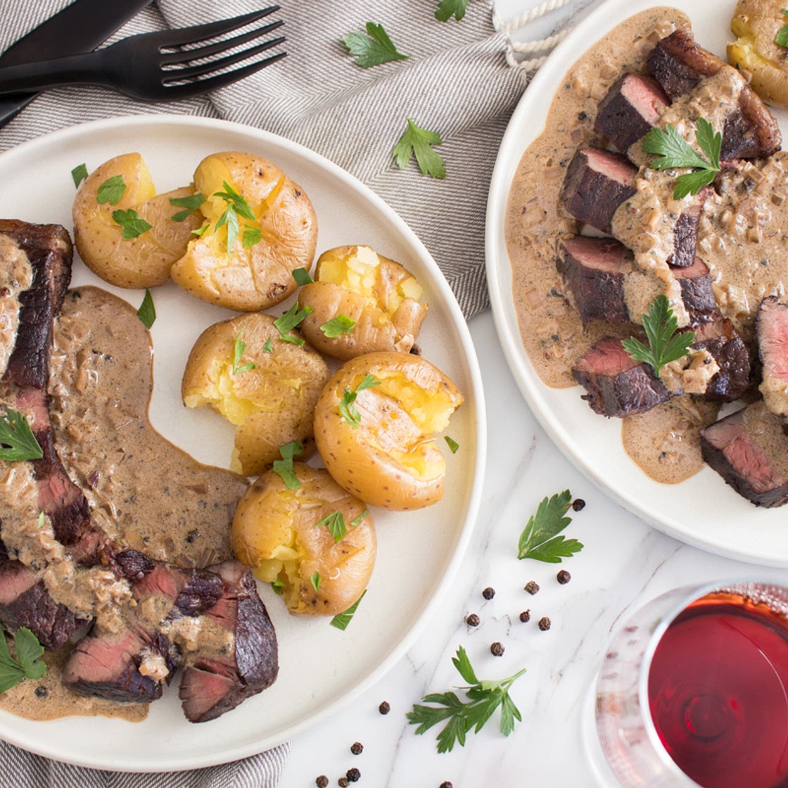 Steak au Poivre with Smashed Potatoes