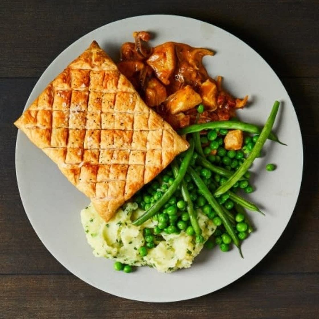 Chicken and Chorizo Pie with mash and greens
