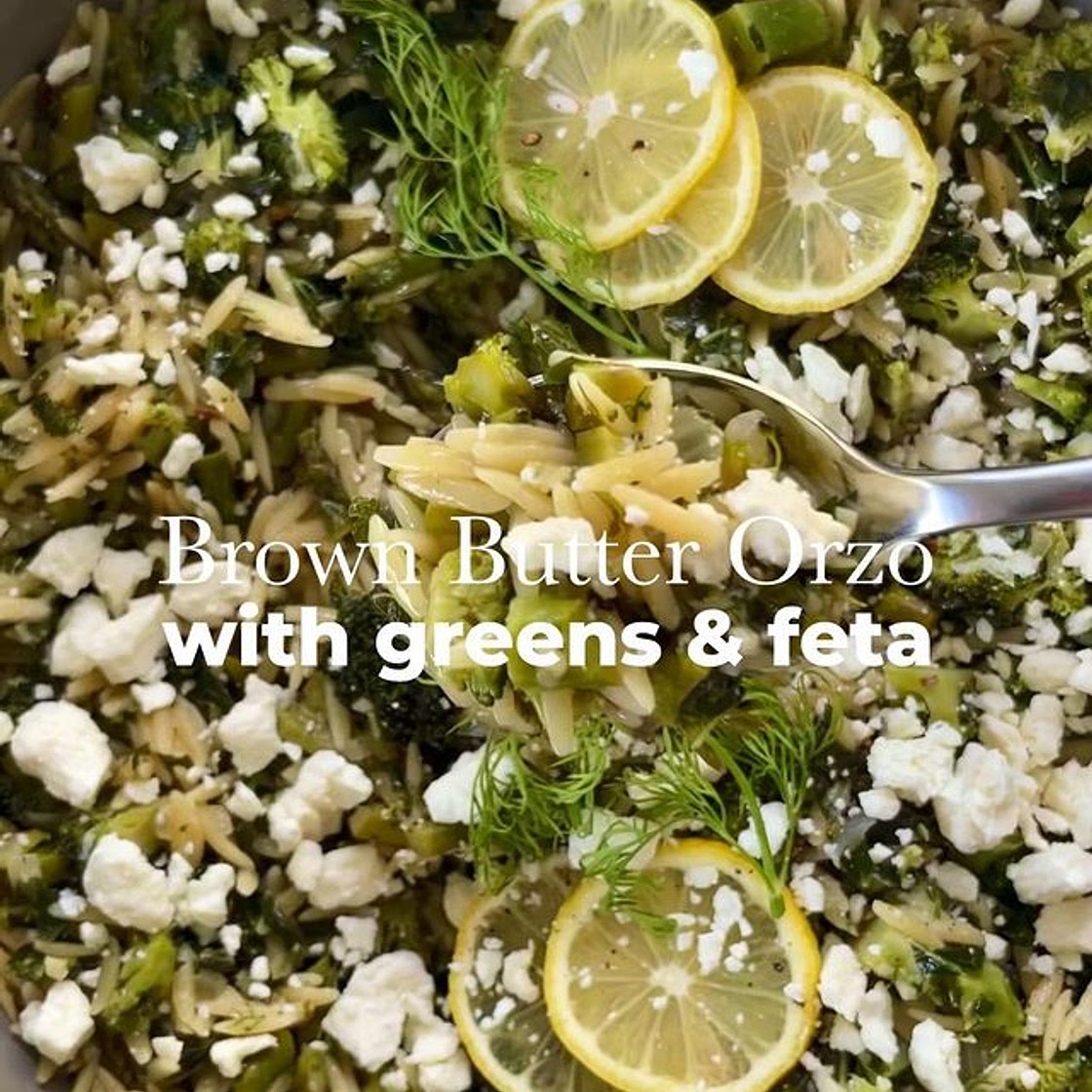 One Pan Brown Butter Orzo with Greens, Lemon and Feta 🌿🍋🥦