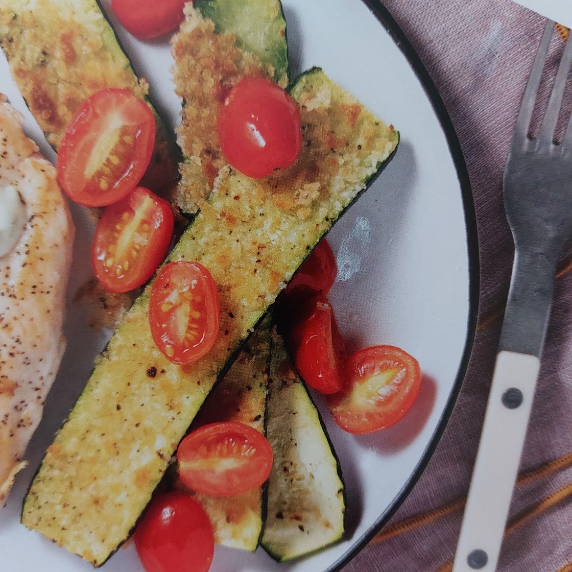 Panko-crusted zucchini and tomatoes