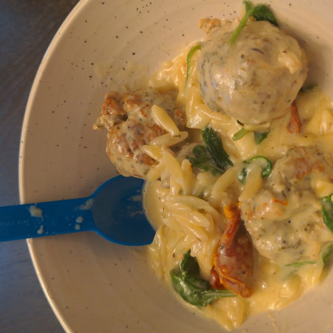 Crockpot Garlic Butter Chicken Meatballs with Creamy Orzo