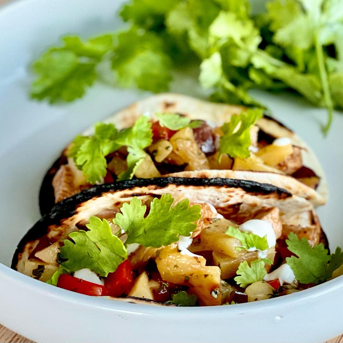 Teriyaki Chicken Tacos with Grilled Pineapple Pear Salsa