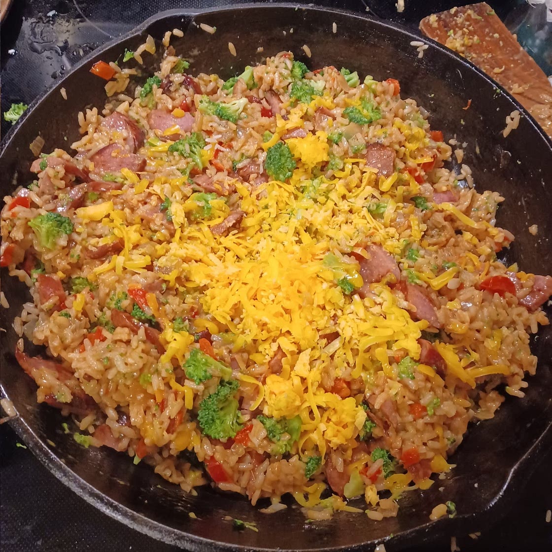 Cheesy Kielbasa, Rice and Broccoli Skillet