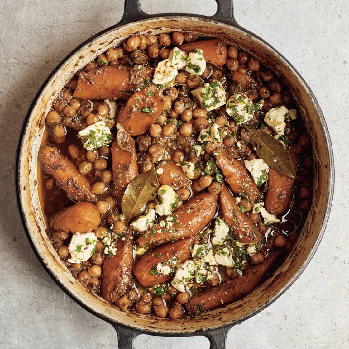 One-pot chickpeas with carrots, dates, and marinated feta