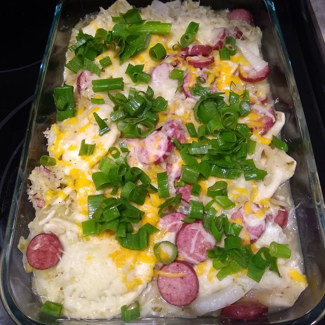 Kielbasa, Pierogies & Sauerkraut Bake - Stovetop and Oven Method