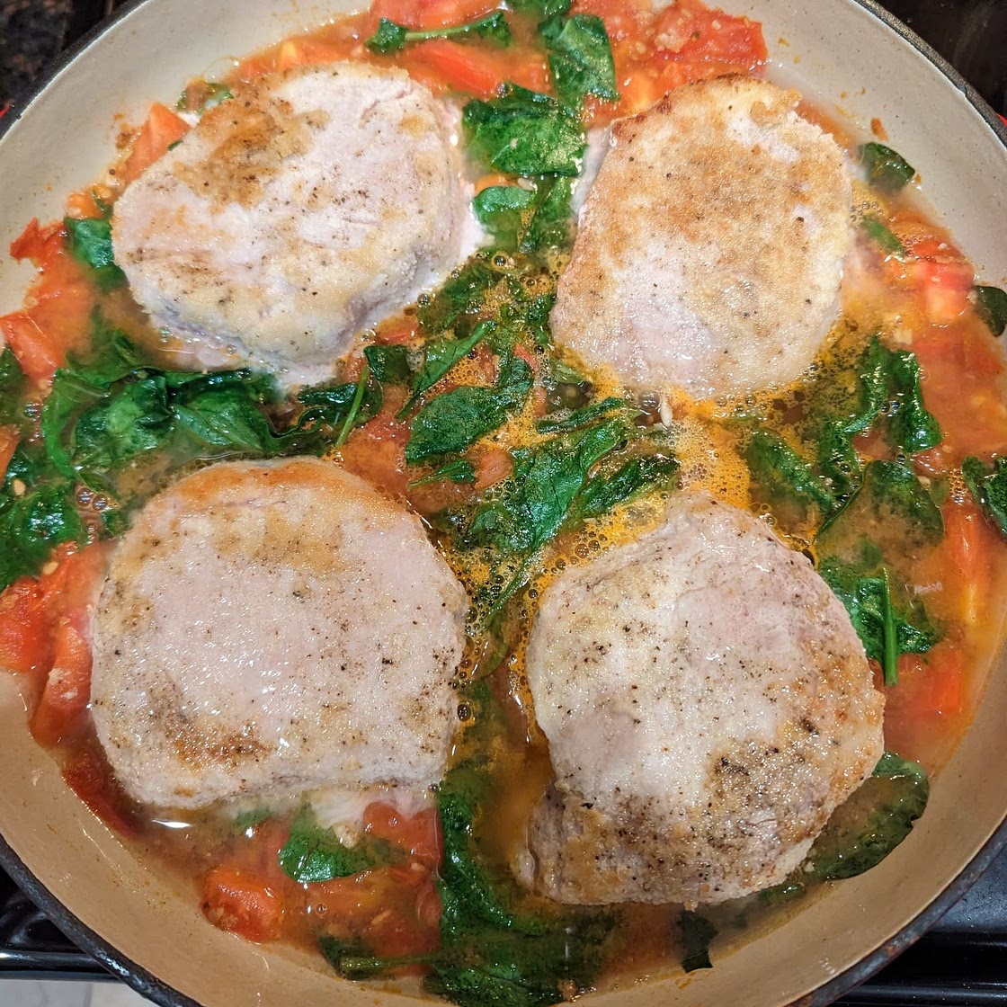 Braised Pork Cutlets with Spinach