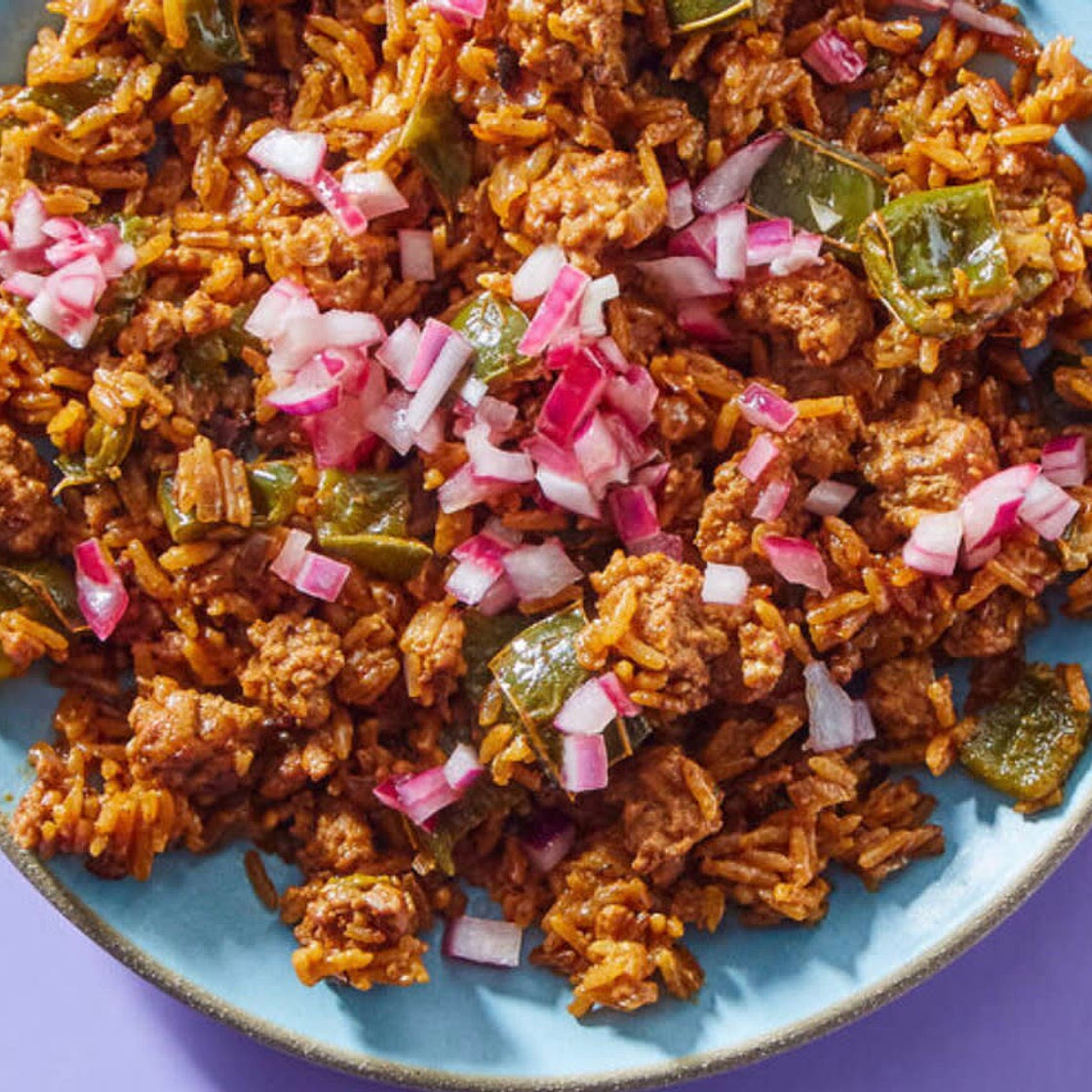 Chorizo Rice with Pickled Onions