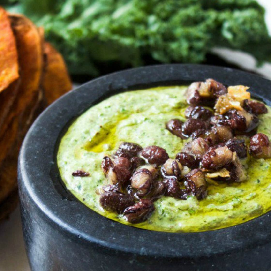 Adzuki Bean and Kale Hummus With Sweet Potato Chips