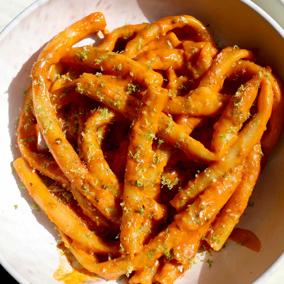 xl ziti noodles with spicy miso-gochujang charred lime sauce