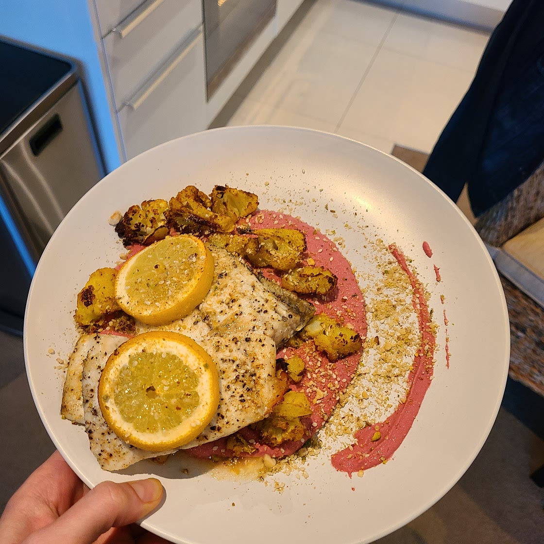Barramundi with beetroot hummus, cauliflower and dukkah