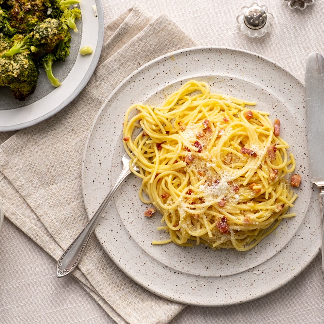 Spaghetti Carbonara with Roasted Caesar Broccoli