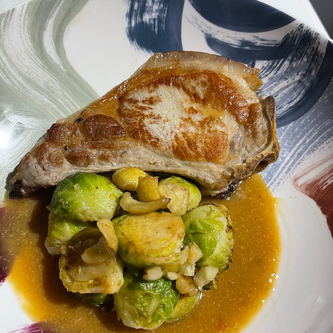 Pork Chops, Sauteed Brussels Sprouts and Chestnuts with a Cider and Mustard Sauce