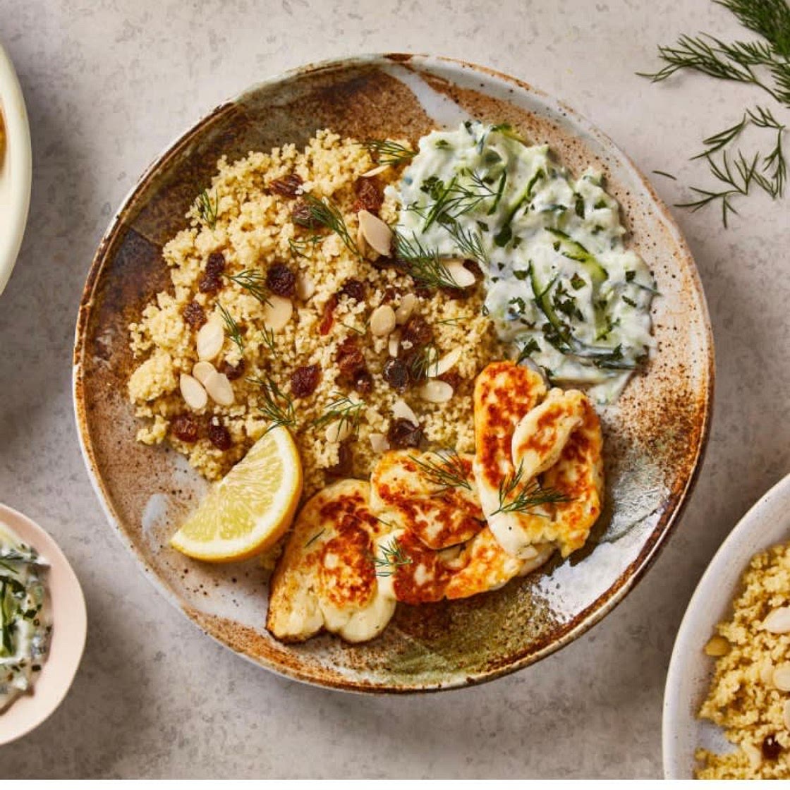 Golden Halloumi With Tzatziki And Fruity Couscous