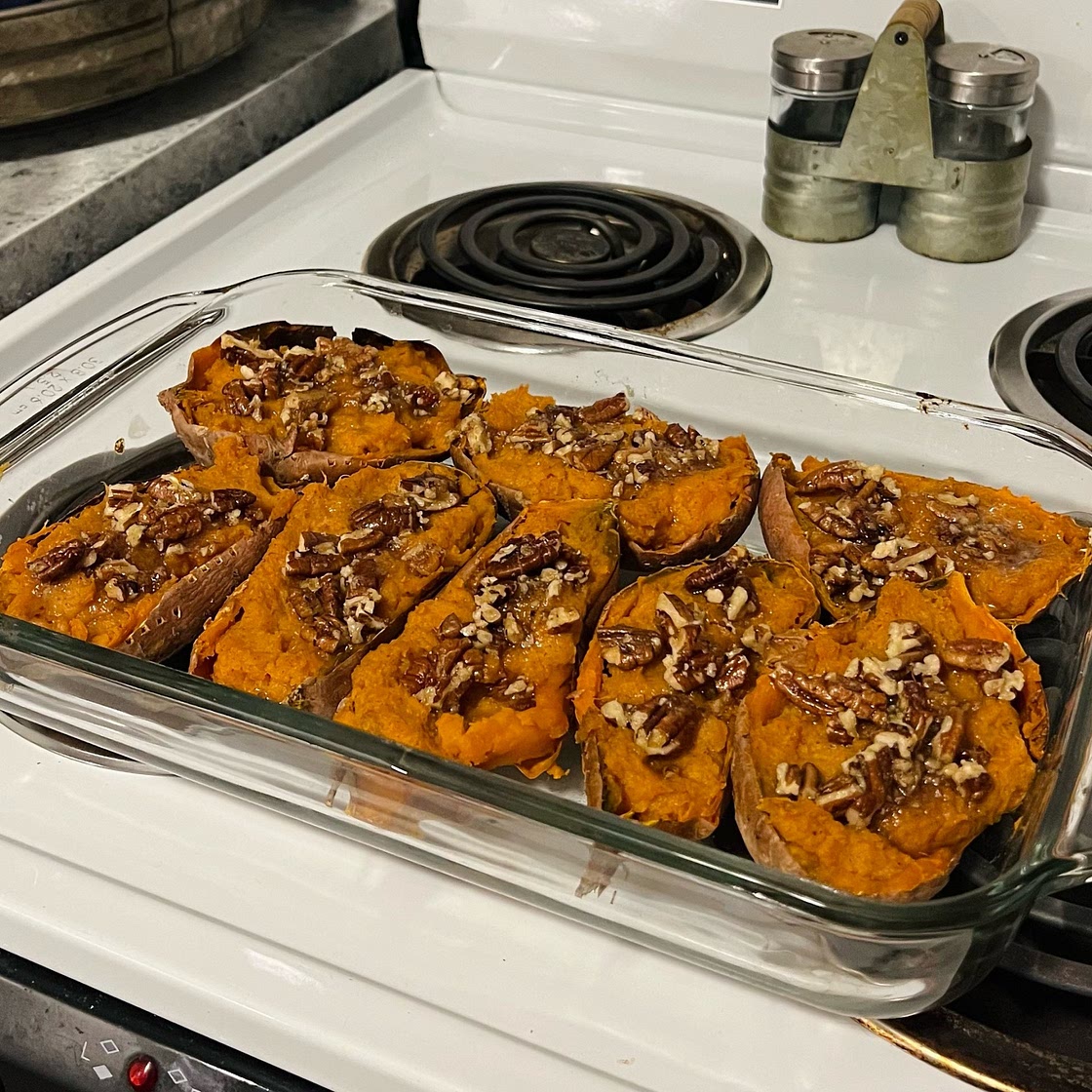 Maple Walnut Twice Baked Sweet Potato Skins