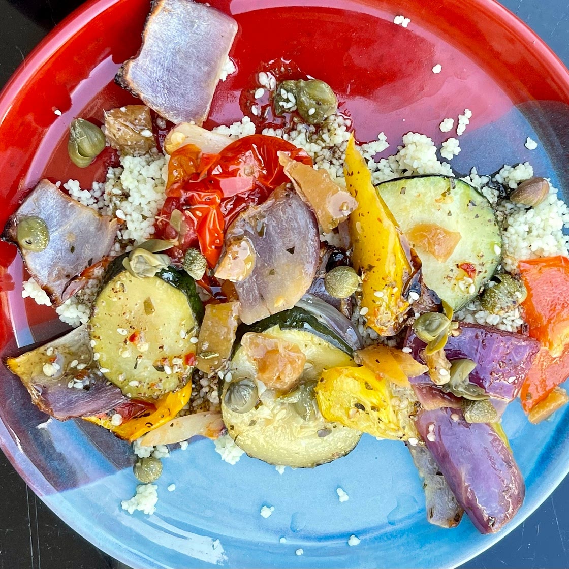 Roasted Vegetables on Couscous with a Zaatar Dressing
