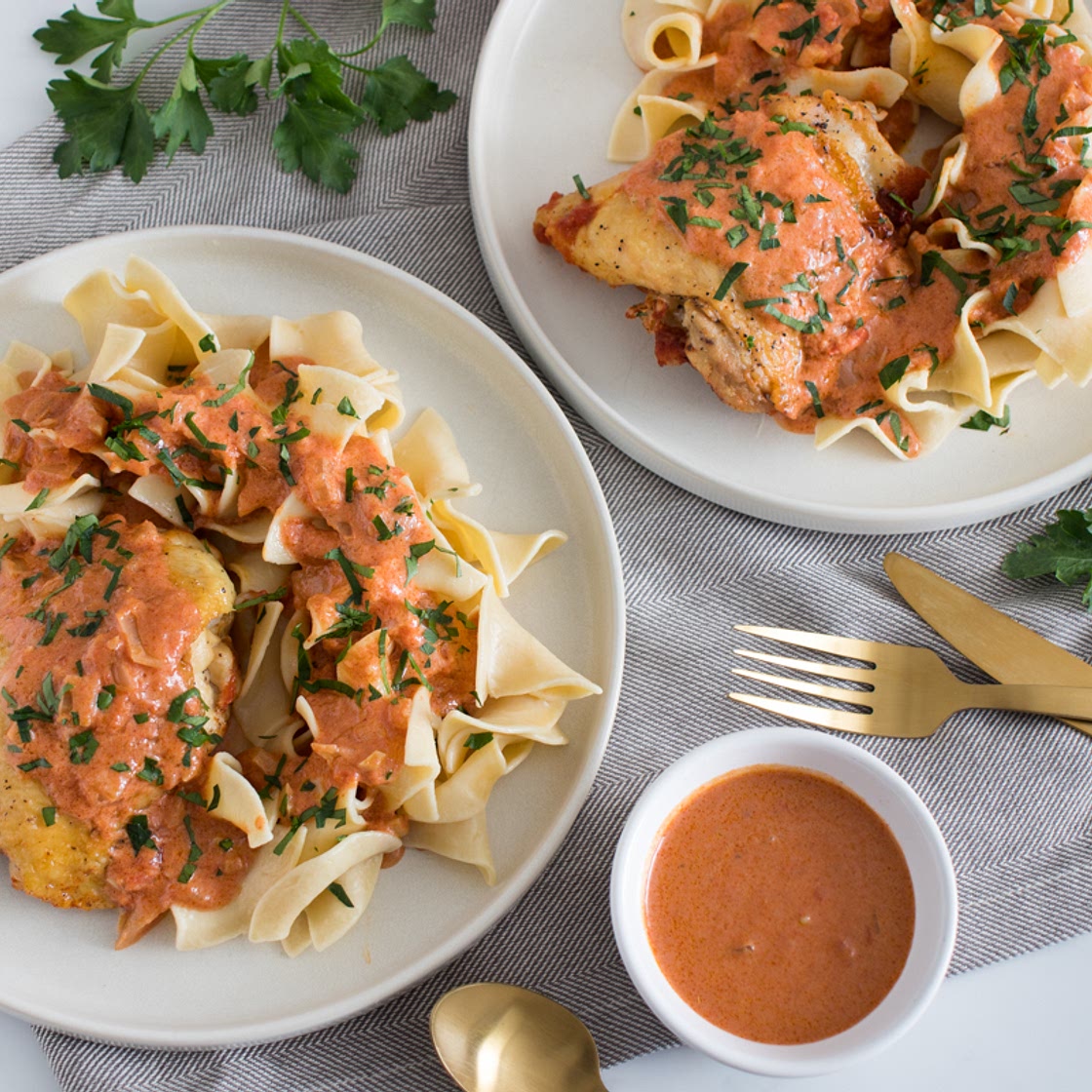 Chicken Paprikash with Buttered Egg Noodles