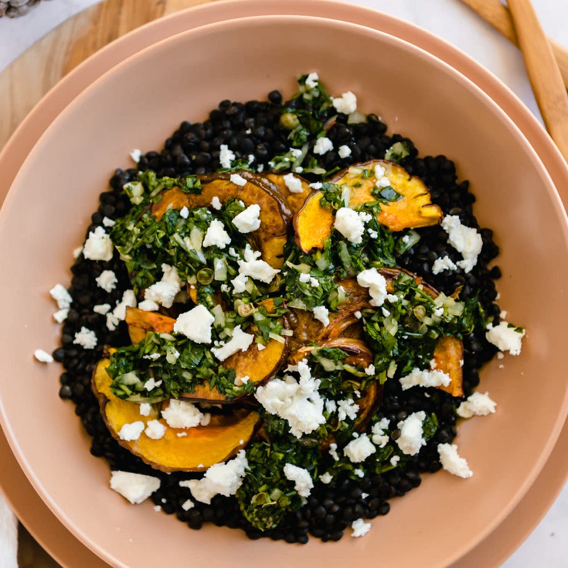 Roasted Black Futsu Squash with Salsa Verde and Lentils