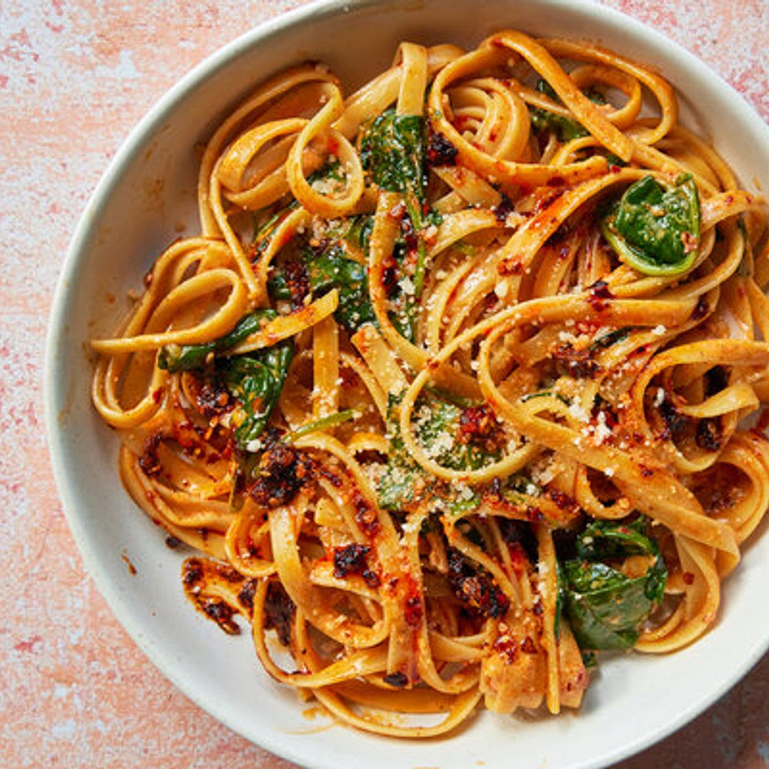 Chile Crisp Fettuccine Alfredo With Spinach