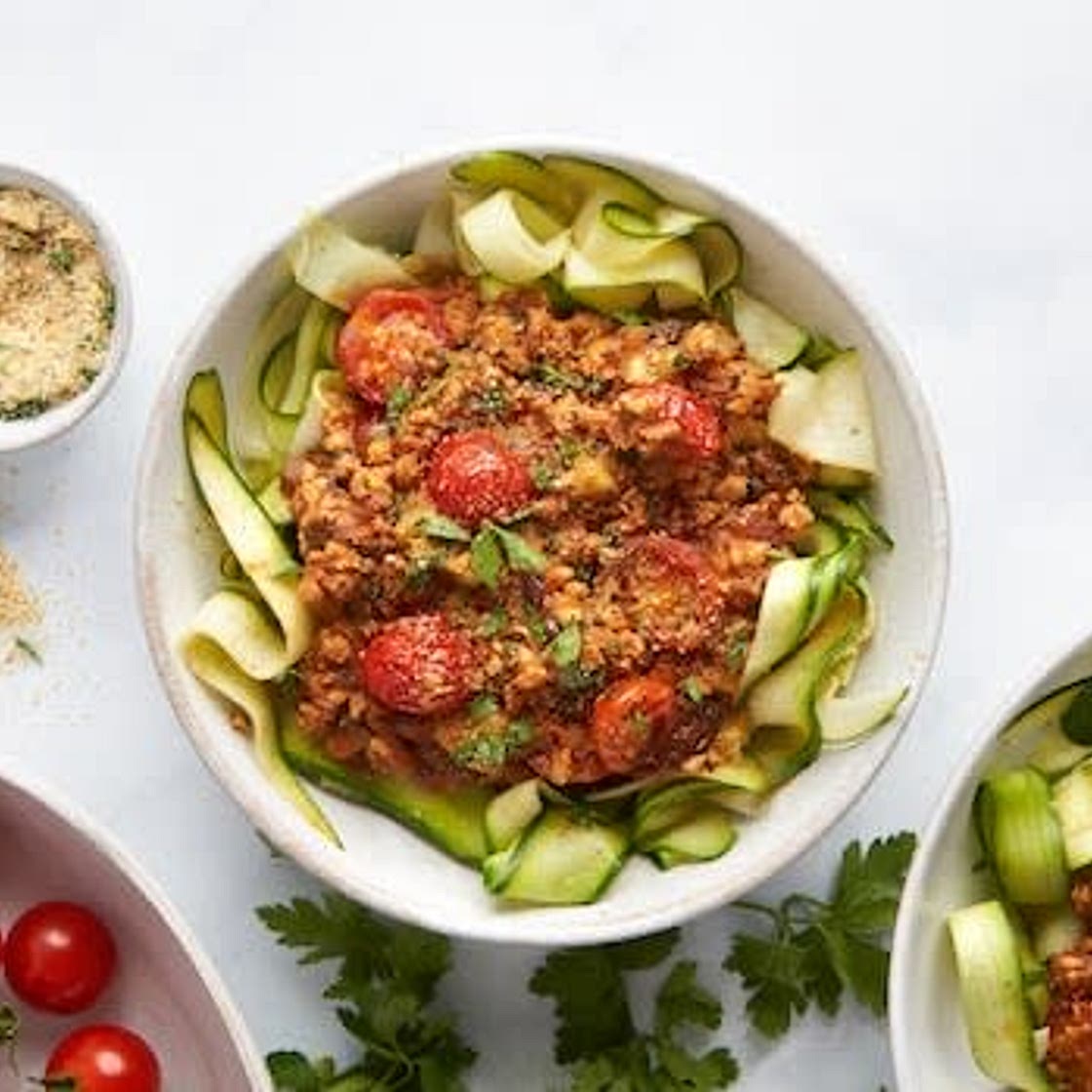 Pea & Fava Bean Bolognese with Courgette Ribbons