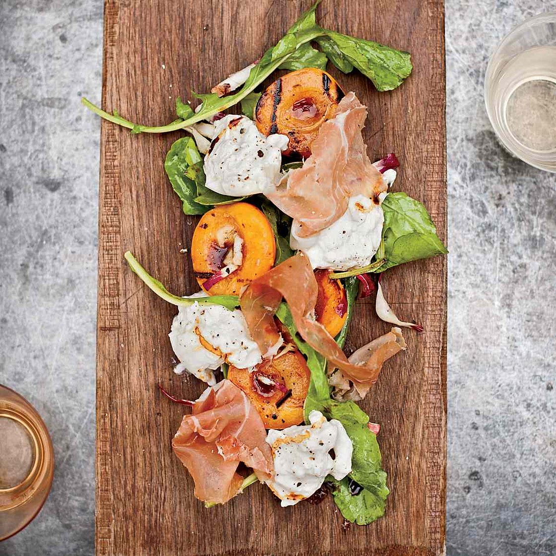 Grilled Apricots with Burrata, Country Ham, and Arugula