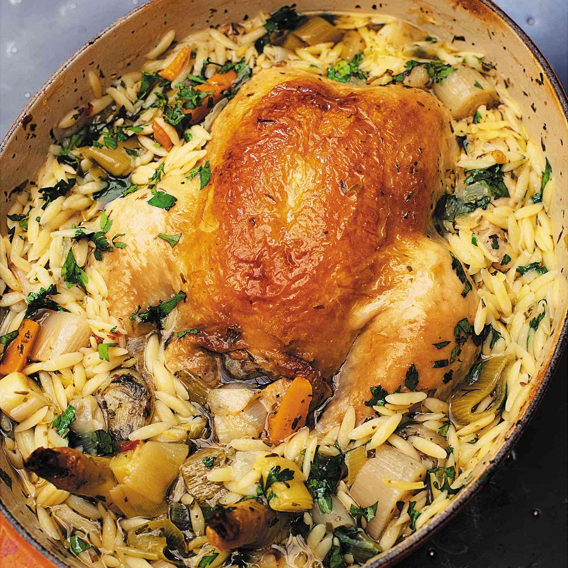Chicken in a Pot with Lemon Orzo