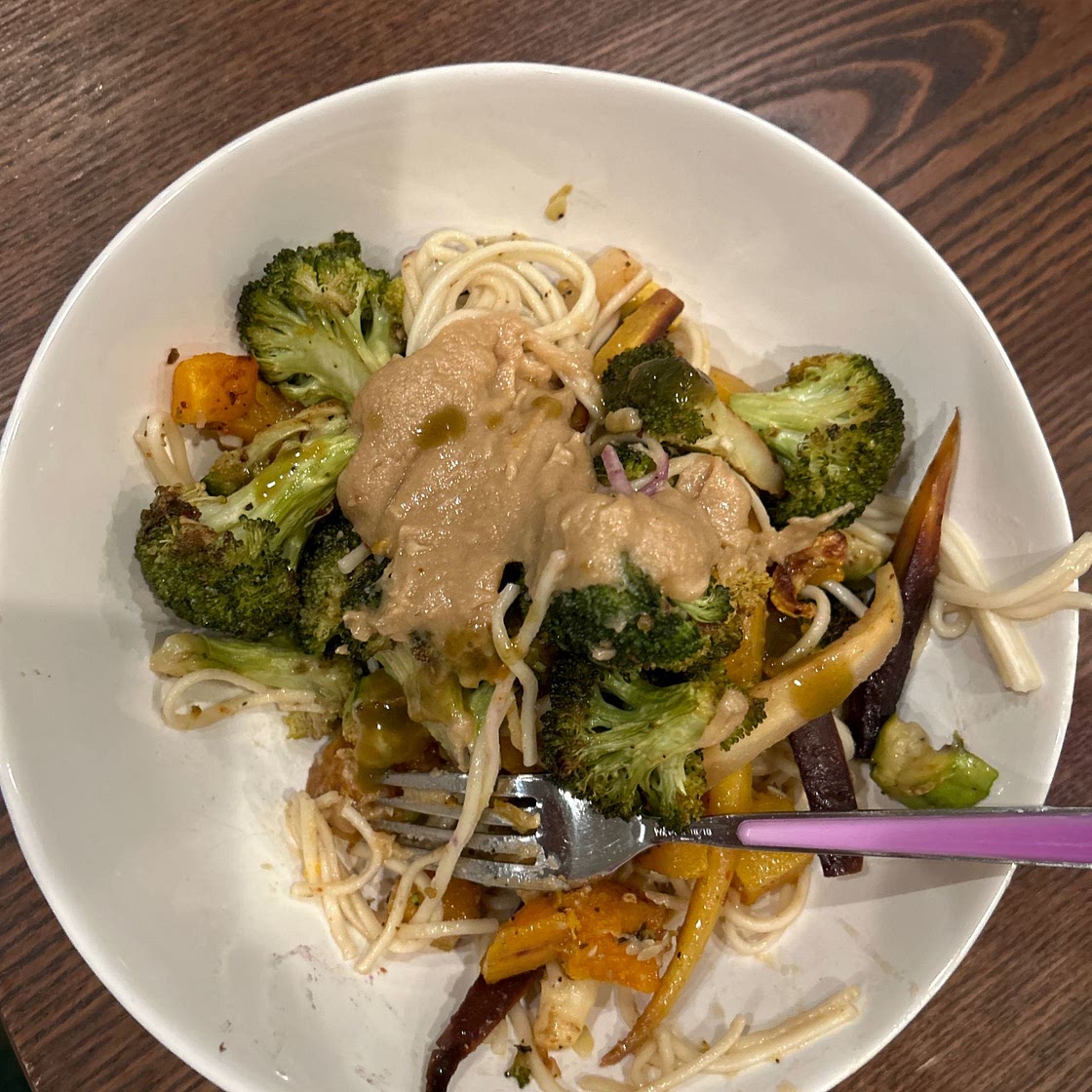 Spicy Tahini Noodles with Roasted Vegetables