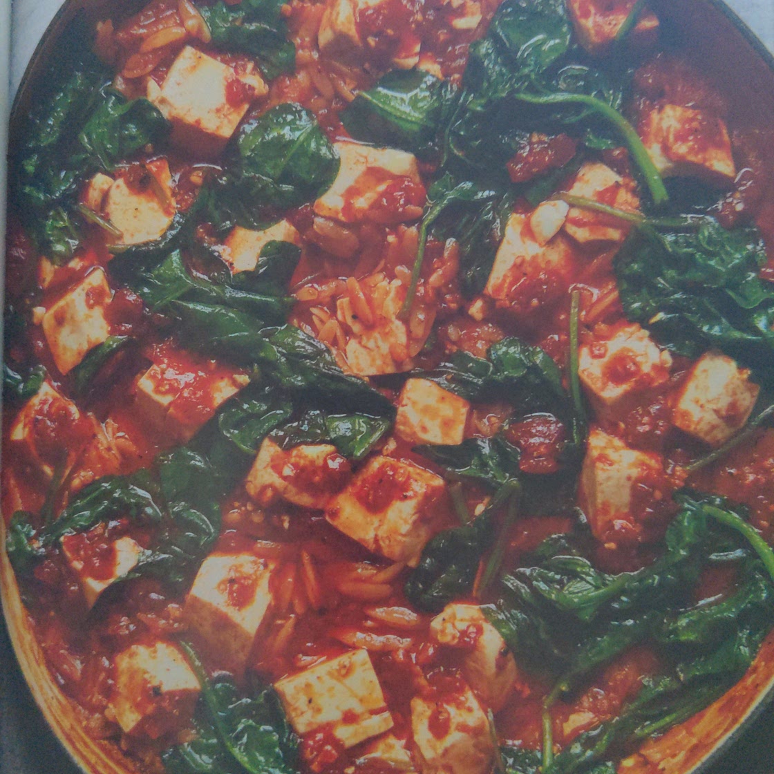 Piri piri tofu over crispy crispy orzo