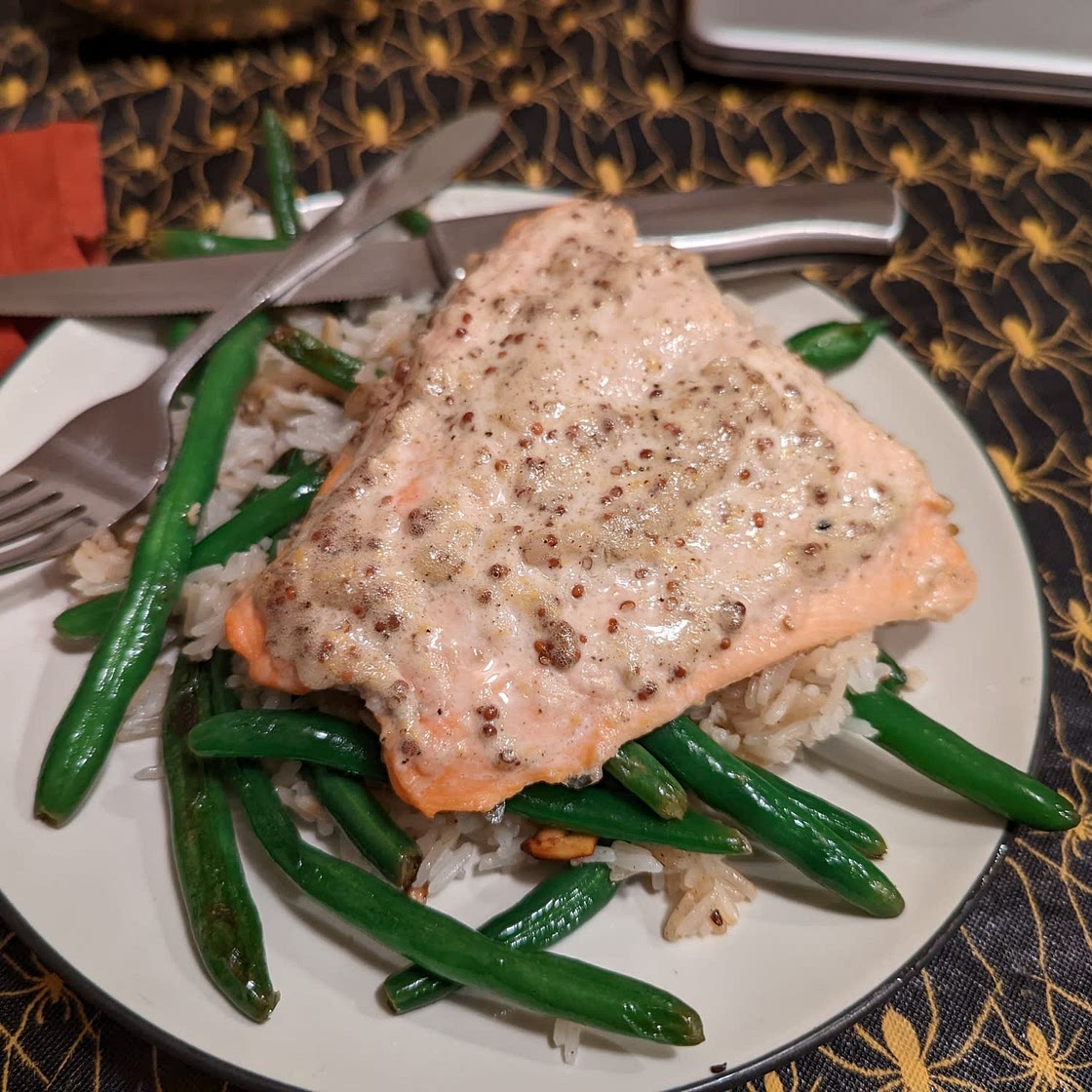 Dijon Salmon with Green Bean Pilaf